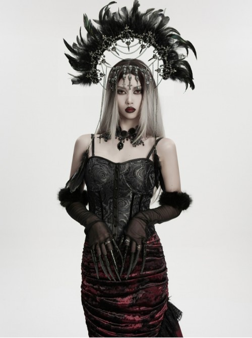 Black Goddess Halo Shaped Feather Skull Tassel Holy Hanging Chains Gothic Hair Hoop