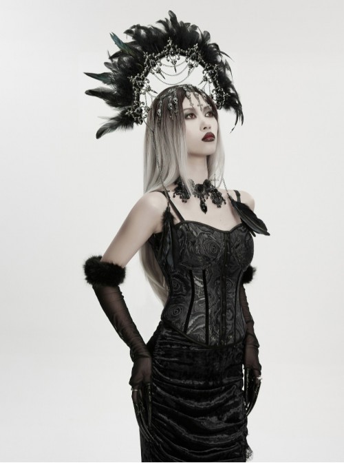 Black Goddess Halo Shaped Feather Skull Tassel Holy Hanging Chains Gothic Hair Hoop