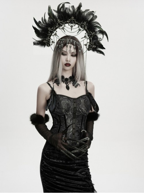 Black Goddess Halo Shaped Feather Skull Tassel Holy Hanging Chains Gothic Hair Hoop