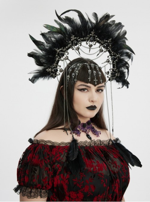 Black Goddess Halo Shaped Feather Skull Tassel Holy Hanging Chains Gothic Hair Hoop