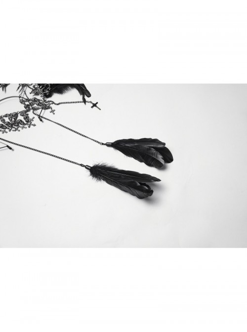 Black Goddess Halo Shaped Feather Skull Tassel Holy Hanging Chains Gothic Hair Hoop