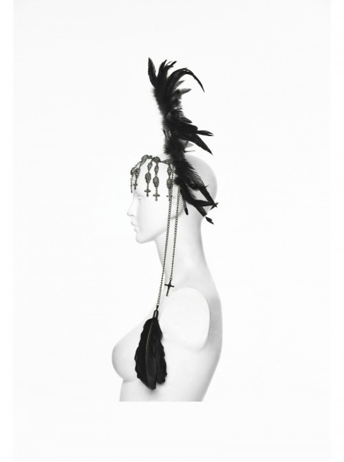 Black Goddess Halo Shaped Feather Skull Tassel Holy Hanging Chains Gothic Hair Hoop