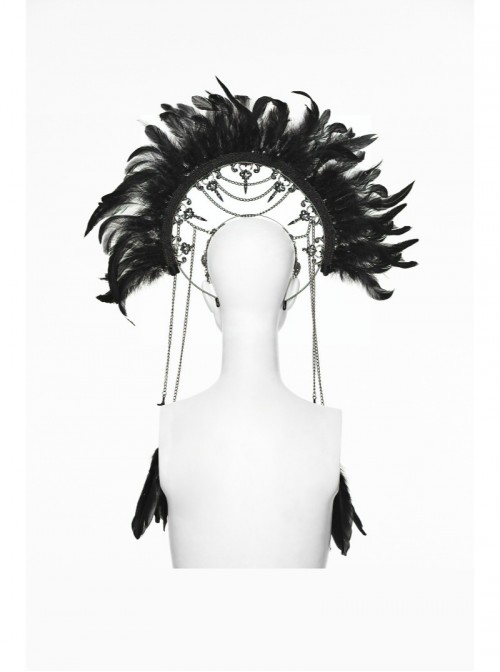Black Goddess Halo Shaped Feather Skull Tassel Holy Hanging Chains Gothic Hair Hoop