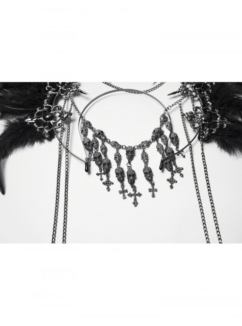 Black Goddess Halo Shaped Feather Skull Tassel Holy Hanging Chains Gothic Hair Hoop