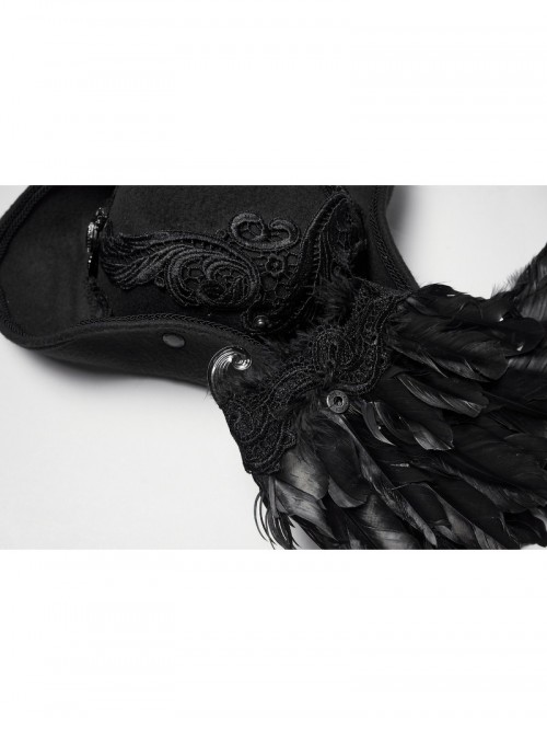 Black Woolen Dark Angel Gemstone Tassel Pendant Detachable Wings Gothic Formal Hat