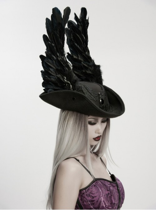 Black Woolen Dark Angel Gemstone Tassel Pendant Detachable Wings Gothic Formal Hat