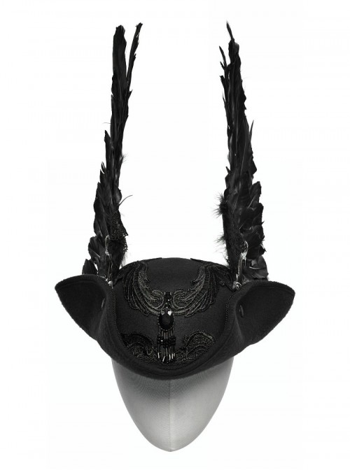 Black Woolen Dark Angel Gemstone Tassel Pendant Detachable Wings Gothic Formal Hat