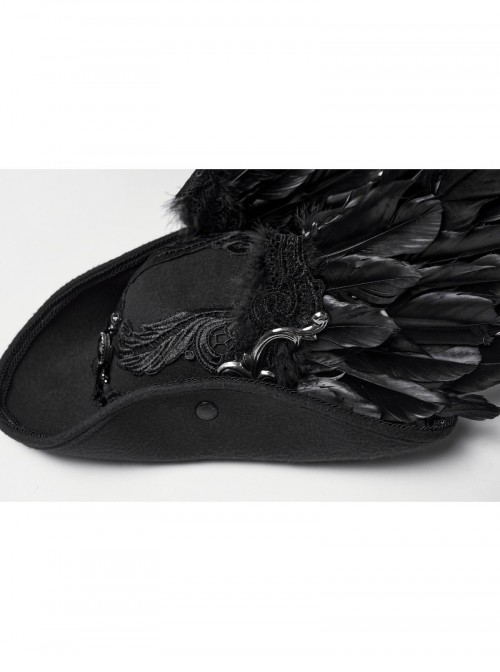 Black Woolen Dark Angel Gemstone Tassel Pendant Detachable Wings Gothic Formal Hat