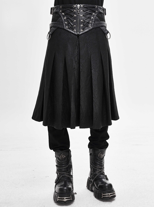 Mistflower Leather Metal Buckle Lace-Up Black Punk Pleated Kilt