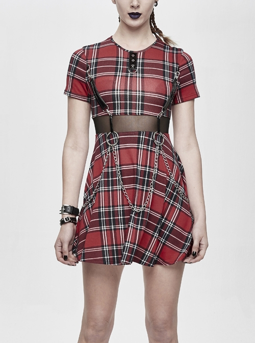 The Scottish Red Plaid Waist Splice Mesh Hanging Chain Mid-Length Punk Dress