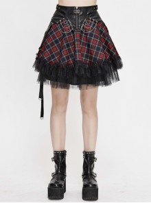 Scottish Plaid Leather Belt Chain Back Lace-Up Lace Hem Red Punk Skirt