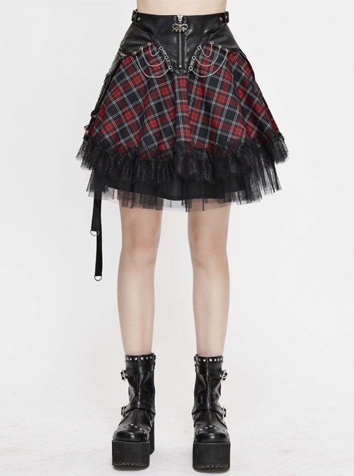 Scottish Plaid Leather Belt Chain Back Lace-Up Lace Hem Red Punk Skirt