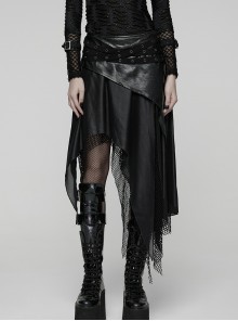 Black Shiny Rubberized Knit Irregularly Mesh Hem Wasteland Punk Style Skirt