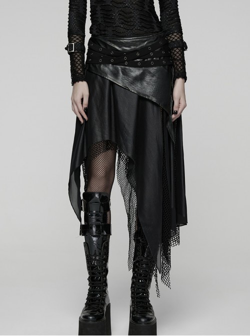 Black Shiny Rubberized Knit Irregularly Mesh Hem Wasteland Punk Style Skirt