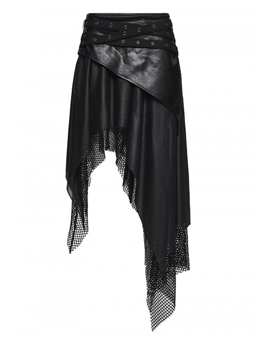 Black Shiny Rubberized Knit Irregularly Mesh Hem Wasteland Punk Style Skirt