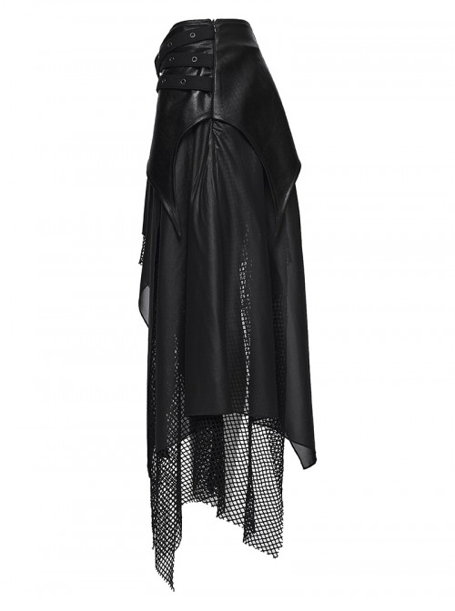 Black Shiny Rubberized Knit Irregularly Mesh Hem Wasteland Punk Style Skirt