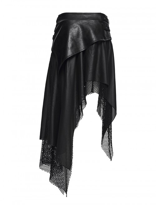 Black Shiny Rubberized Knit Irregularly Mesh Hem Wasteland Punk Style Skirt