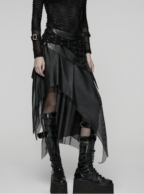Black Shiny Rubberized Knit Irregularly Mesh Hem Wasteland Punk Style Skirt