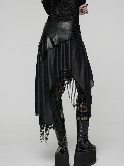 Black Shiny Rubberized Knit Irregularly Mesh Hem Wasteland Punk Style Skirt