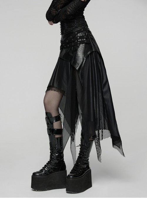 Black Shiny Rubberized Knit Irregularly Mesh Hem Wasteland Punk Style Skirt