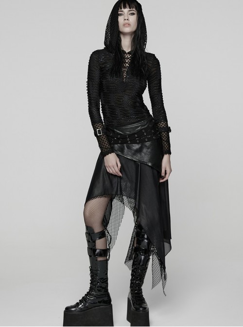 Black Shiny Rubberized Knit Irregularly Mesh Hem Wasteland Punk Style Skirt