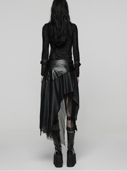 Black Shiny Rubberized Knit Irregularly Mesh Hem Wasteland Punk Style Skirt