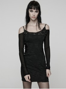 Black Stretch Knit Slim Fit Bodycon Off-Shoulder Straps Waist Sides Splicing Rivet Punk Style Dress