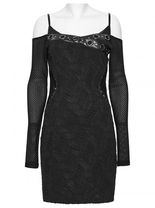 Black Stretch Knit Slim Fit Bodycon Off-Shoulder Straps Waist Sides Splicing Rivet Punk Style Dress