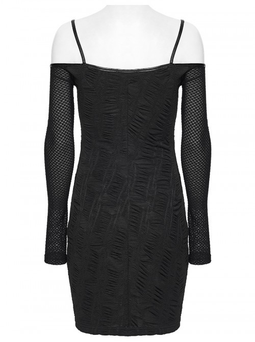 Black Stretch Knit Slim Fit Bodycon Off-Shoulder Straps Waist Sides Splicing Rivet Punk Style Dress