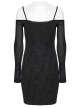 Black Stretch Knit Slim Fit Bodycon Off-Shoulder Straps Waist Sides Splicing Rivet Punk Style Dress