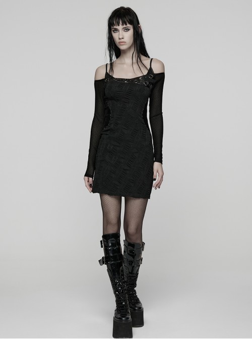 Black Stretch Knit Slim Fit Bodycon Off-Shoulder Straps Waist Sides Splicing Rivet Punk Style Dress