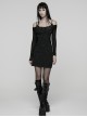 Black Stretch Knit Slim Fit Bodycon Off-Shoulder Straps Waist Sides Splicing Rivet Punk Style Dress