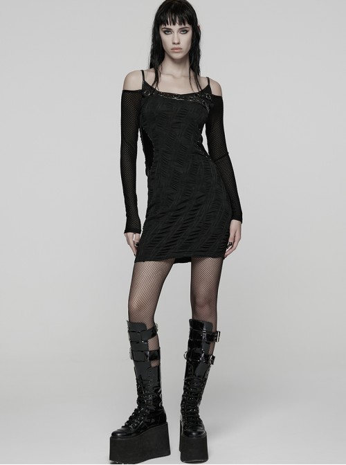 Black Stretch Knit Slim Fit Bodycon Off-Shoulder Straps Waist Sides Splicing Rivet Punk Style Dress