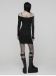 Black Stretch Knit Slim Fit Bodycon Off-Shoulder Straps Waist Sides Splicing Rivet Punk Style Dress