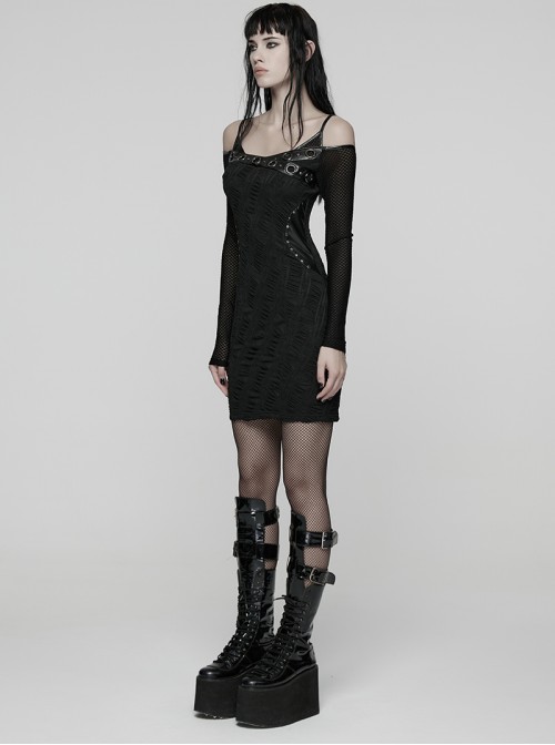 Black Stretch Knit Slim Fit Bodycon Off-Shoulder Straps Waist Sides Splicing Rivet Punk Style Dress
