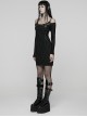 Black Stretch Knit Slim Fit Bodycon Off-Shoulder Straps Waist Sides Splicing Rivet Punk Style Dress