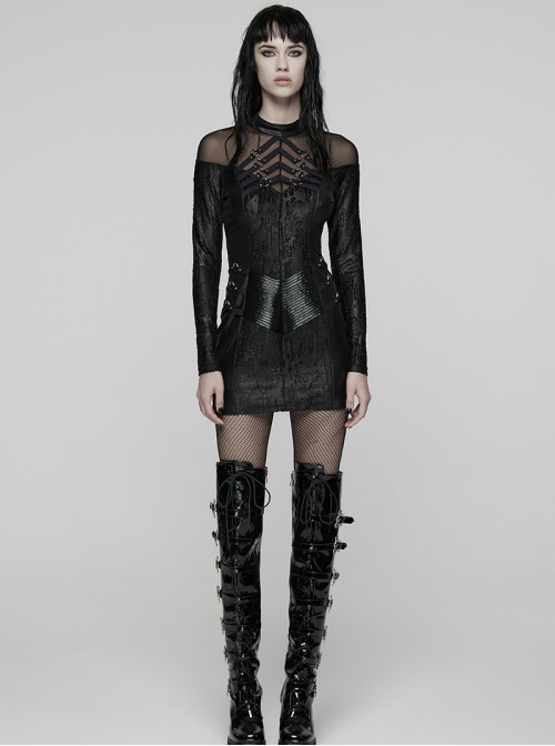 Black Fish Scale Patterned Jacquard Knit Splicing Mesh Rebellious Metal Rings Punk Style Long Sleeves Dress