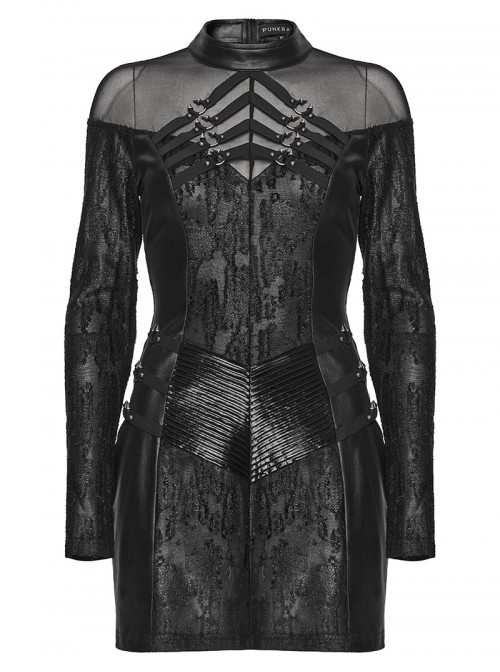 Black Fish Scale Patterned Jacquard Knit Splicing Mesh Rebellious Metal Rings Punk Style Long Sleeves Dress