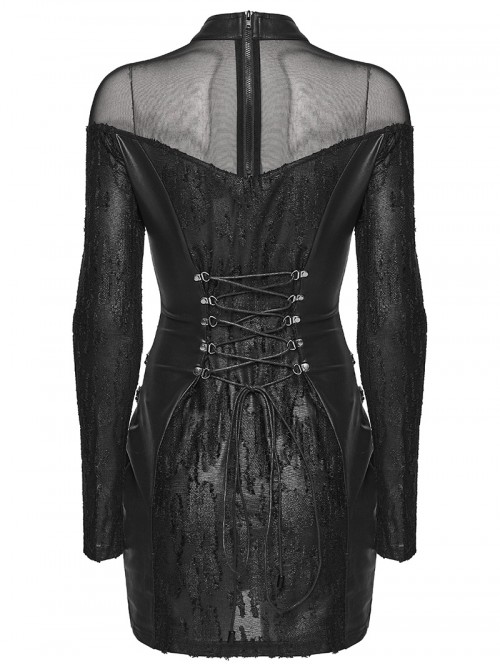 Black Fish Scale Patterned Jacquard Knit Splicing Mesh Rebellious Metal Rings Punk Style Long Sleeves Dress