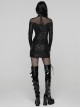 Black Fish Scale Patterned Jacquard Knit Splicing Mesh Rebellious Metal Rings Punk Style Long Sleeves Dress