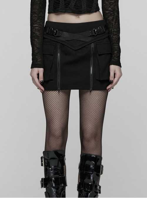 Black Knit Techwear 3D Pockets Hem Zippers Adjustable Split Height Punk Style Skirt