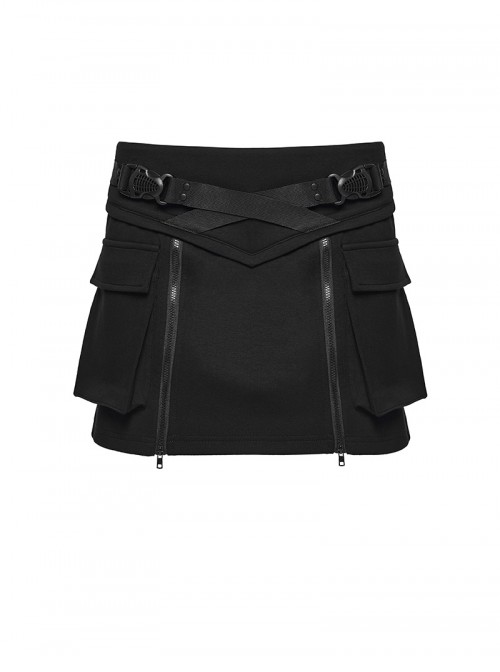 Black Knit Techwear 3D Pockets Hem Zippers Adjustable Split Height Punk Style Skirt