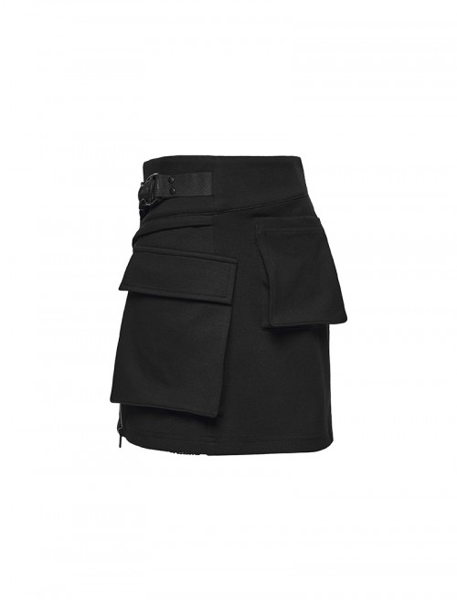 Black Knit Techwear 3D Pockets Hem Zippers Adjustable Split Height Punk Style Skirt