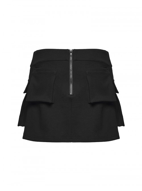 Black Knit Techwear 3D Pockets Hem Zippers Adjustable Split Height Punk Style Skirt