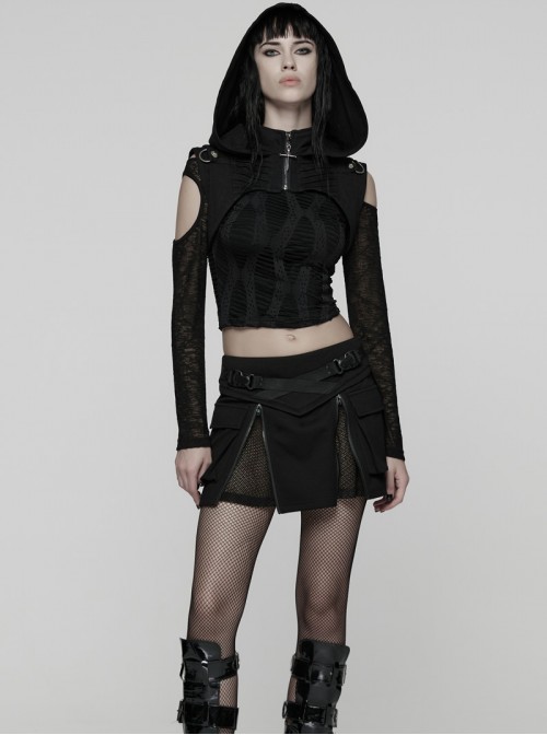 Black Knit Techwear 3D Pockets Hem Zippers Adjustable Split Height Punk Style Skirt
