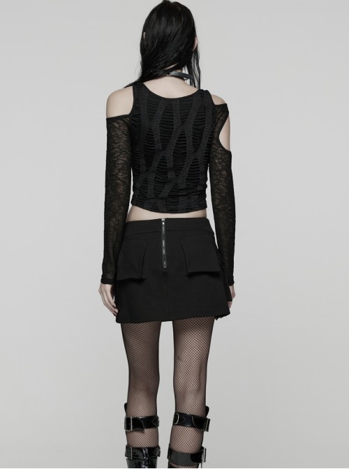 Black Knit Techwear 3D Pockets Hem Zippers Adjustable Split Height Punk Style Skirt