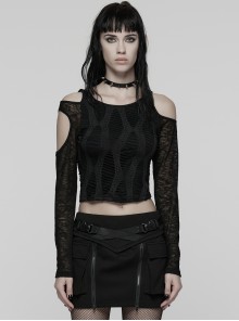 Black Stretch Knit Irregular Hollow-Out Off-Shoulder Daily Punk Style Long Sleeves Crop T-Shirt