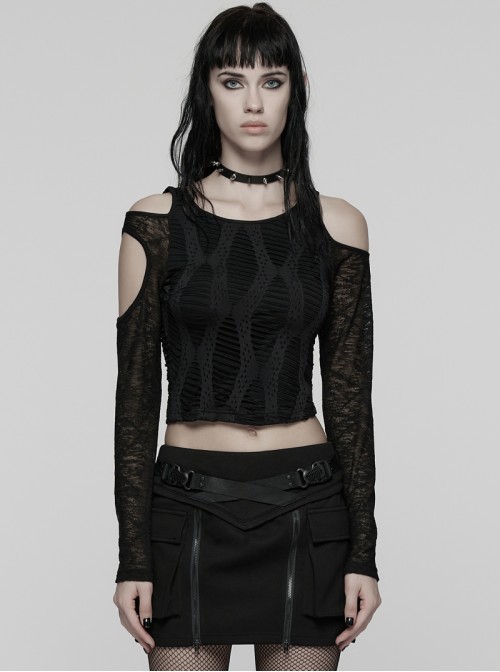 Black Stretch Knit Irregular Hollow-Out Off-Shoulder Daily Punk Style Long Sleeves Crop T-Shirt