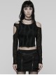 Black Stretch Knit Irregular Hollow-Out Off-Shoulder Daily Punk Style Long Sleeves Crop T-Shirt
