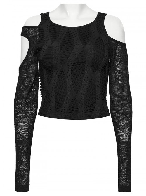 Black Stretch Knit Irregular Hollow-Out Off-Shoulder Daily Punk Style Long Sleeves Crop T-Shirt